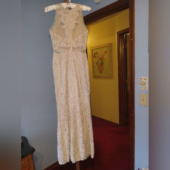 Aspeed Design Lace and Jewel / Rhinestone Champagne Formal Dress - Picture 7 of 16